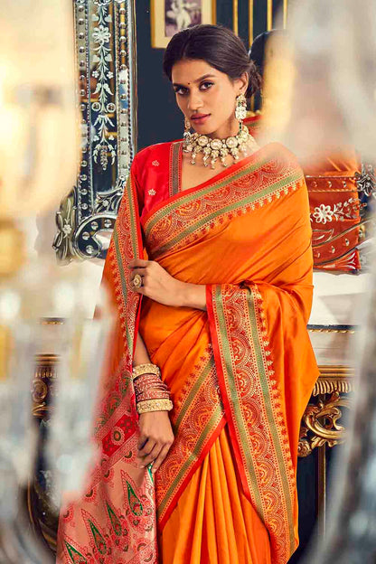 Orange Banarasi Silk Saree With Zari Weaving Work