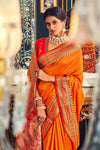 Orange Banarasi Plain Silk Saree With Zari Weaving Work