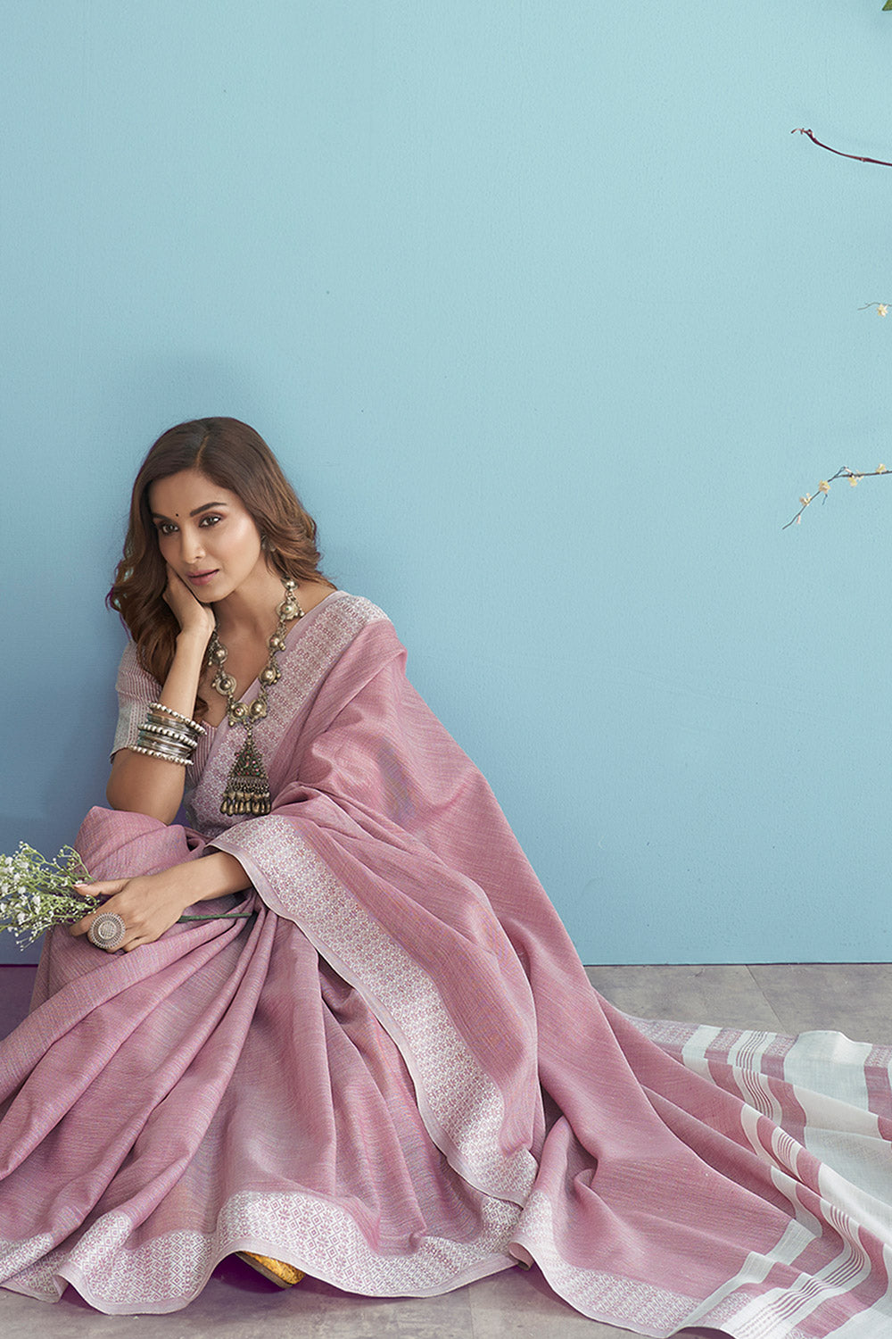 Light Pink Soft Linen Saree With Chikankari Weaved Border