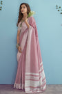 Light Pink Soft Linen Saree With Chikankari Weaved Border