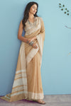 Dusty Peach Soft Linen Saree With Chikankari Weaved Border