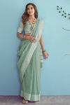 Sea Green Soft Linen Saree With Chikankari Weaved Border
