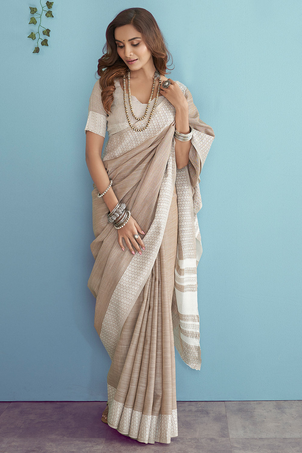 Light Brown Soft Linen Saree With Chikankari Weaving Border