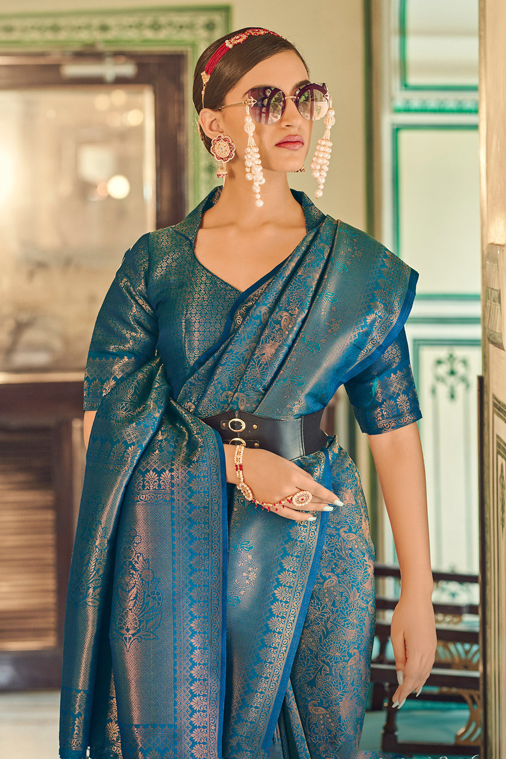 Teal Blue Soft Silk Saree With Zari Weaving Work