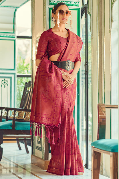 Maroon Soft Silk Saree With Zari Weaving Work