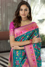 Ocean Blue Color Soft Patola Silk Saree With Pink Blouse