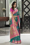 Ocean Blue Color Soft Patola Silk Saree With Pink Blouse