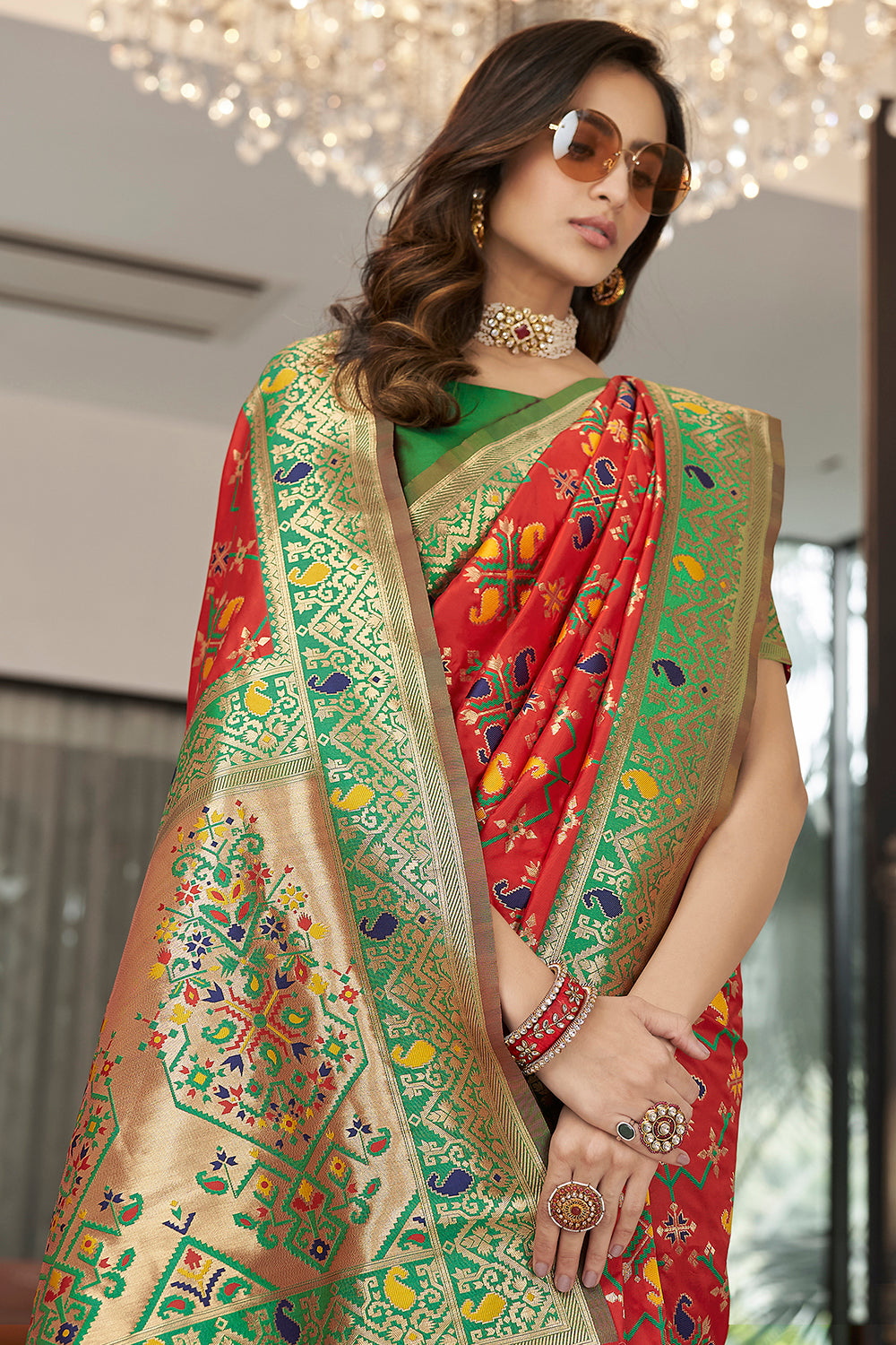 Rose Red Soft Patola Silk Saree With Green Blouse