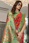 Rose Red Color Soft Patola Silk Saree With Green Blouse