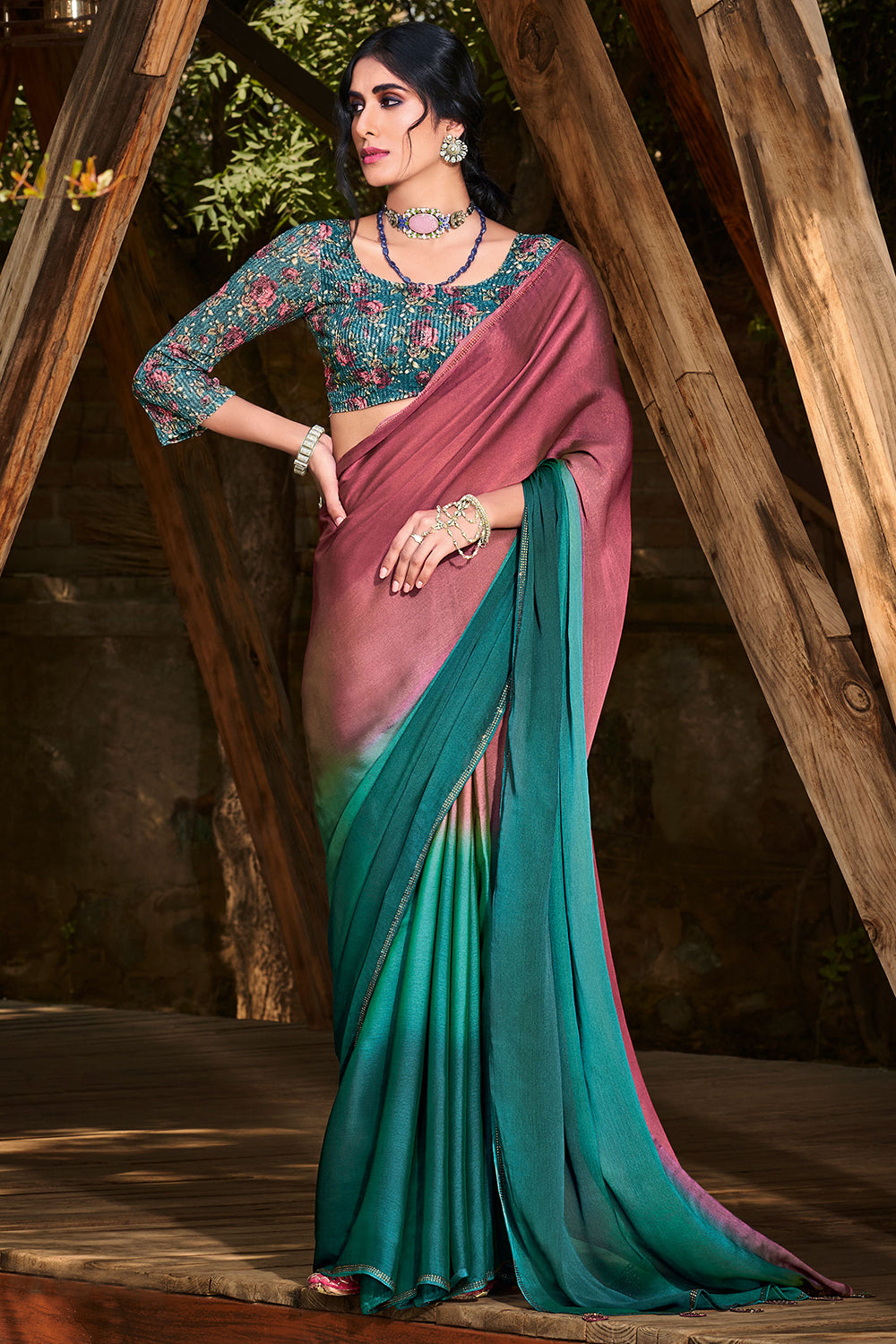 Pastel Maroon &amp; Rama Blue 3D Chiffon Saree With Sequence Blouse