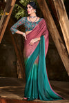 Pastel Maroon & Rama Blue 3D Chiffon Saree With Sequence Blouse