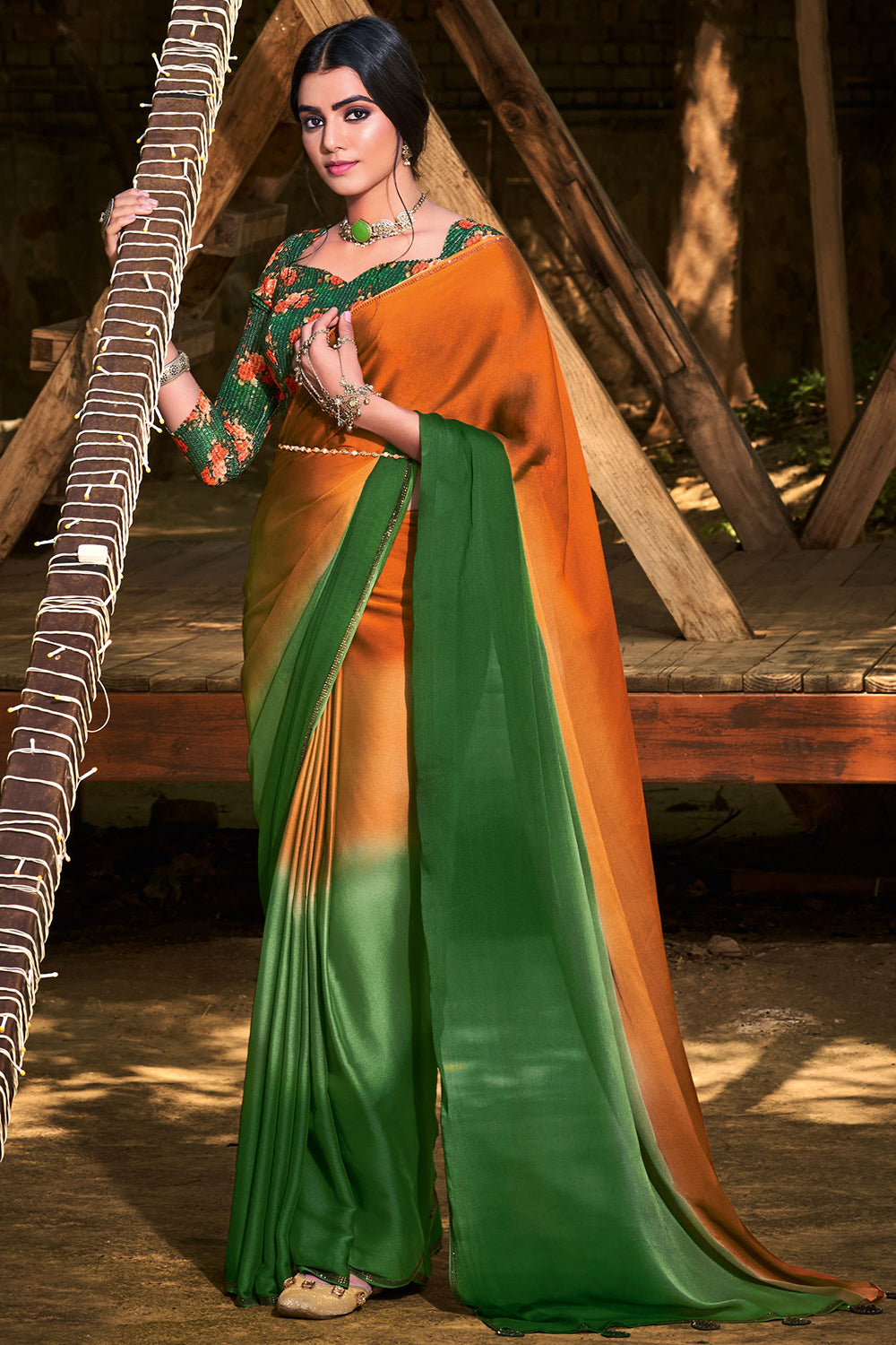 Orange &amp; Green Colour 3D Chiffon Saree With Sequence Blouse