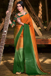 Orange & Green Colour 3D Chiffon Saree With Sequence Blouse