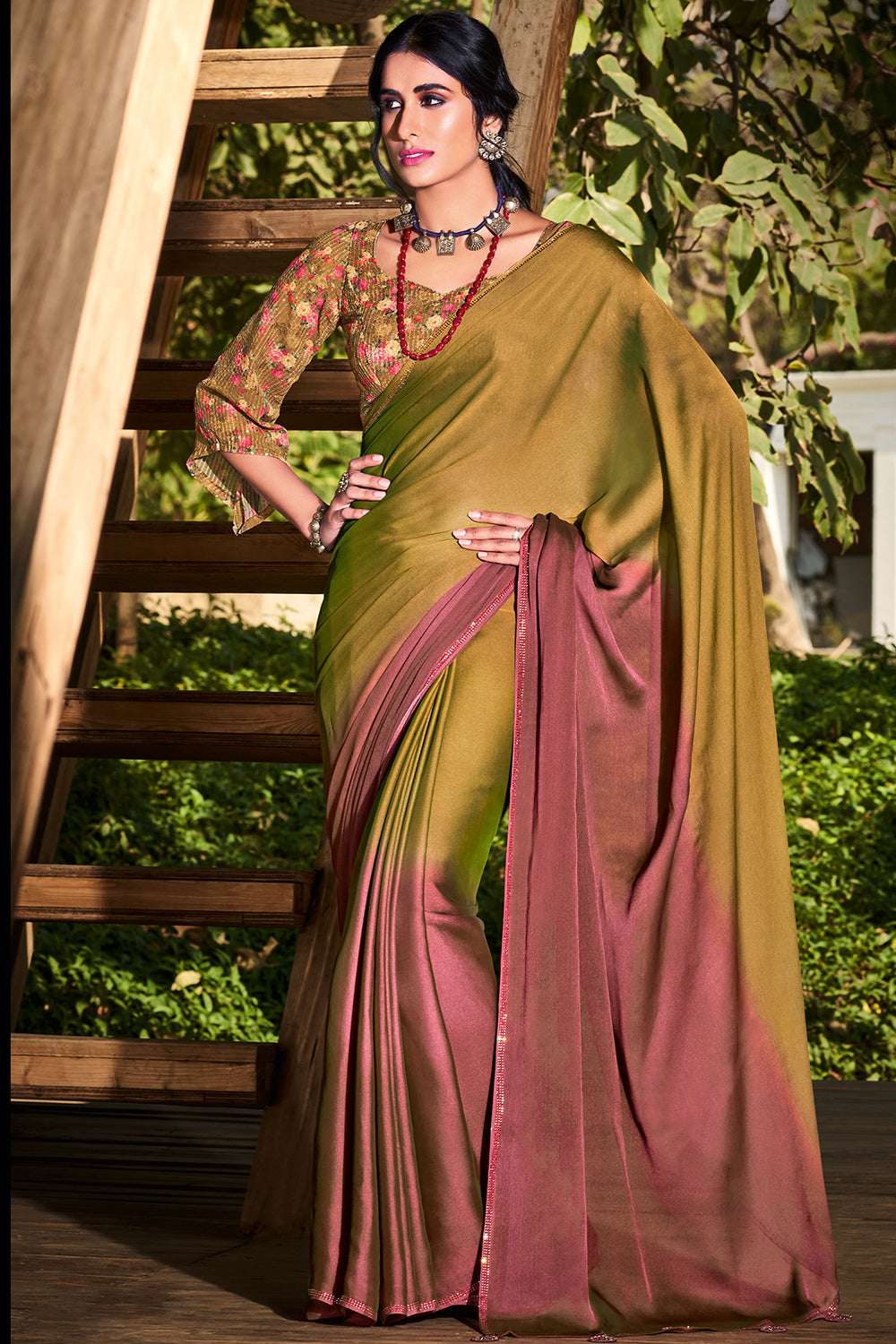 Warm Tan Colour 3D Chiffon Saree With Sequence Blouse