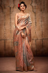 Gray & Peach Organza Silk Saree With Zari Weaving Work