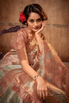 Pista Green & Peach Organza Silk Saree With Zari Weaving Work
