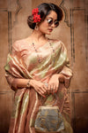 Green & Peach Organza Silk Saree With Zari Weaving Work