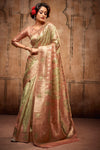 Green & Peach Organza Silk Saree With Zari Weaving Work