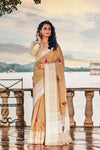 Cream Soft Linen With Lucknowi Weaving Border & Gota Patti Work
