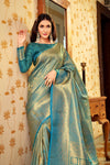 Cerulean Blue Colour Soft Handloom Zari Weaving Silk Saree