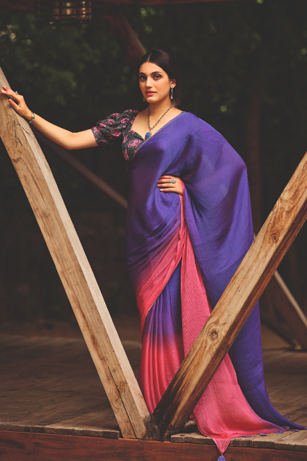 Royal Purple 3D Chiffon Saree With Sequence Blouse