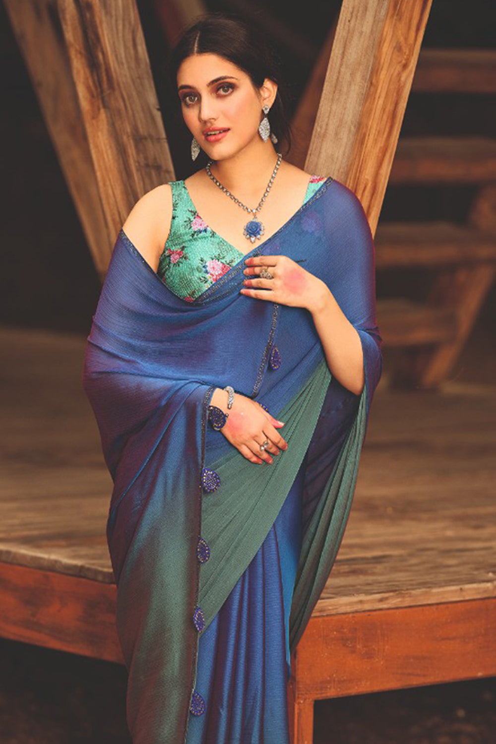 Blue color 3D Chiffon Satin Saree With Sequence Blouse