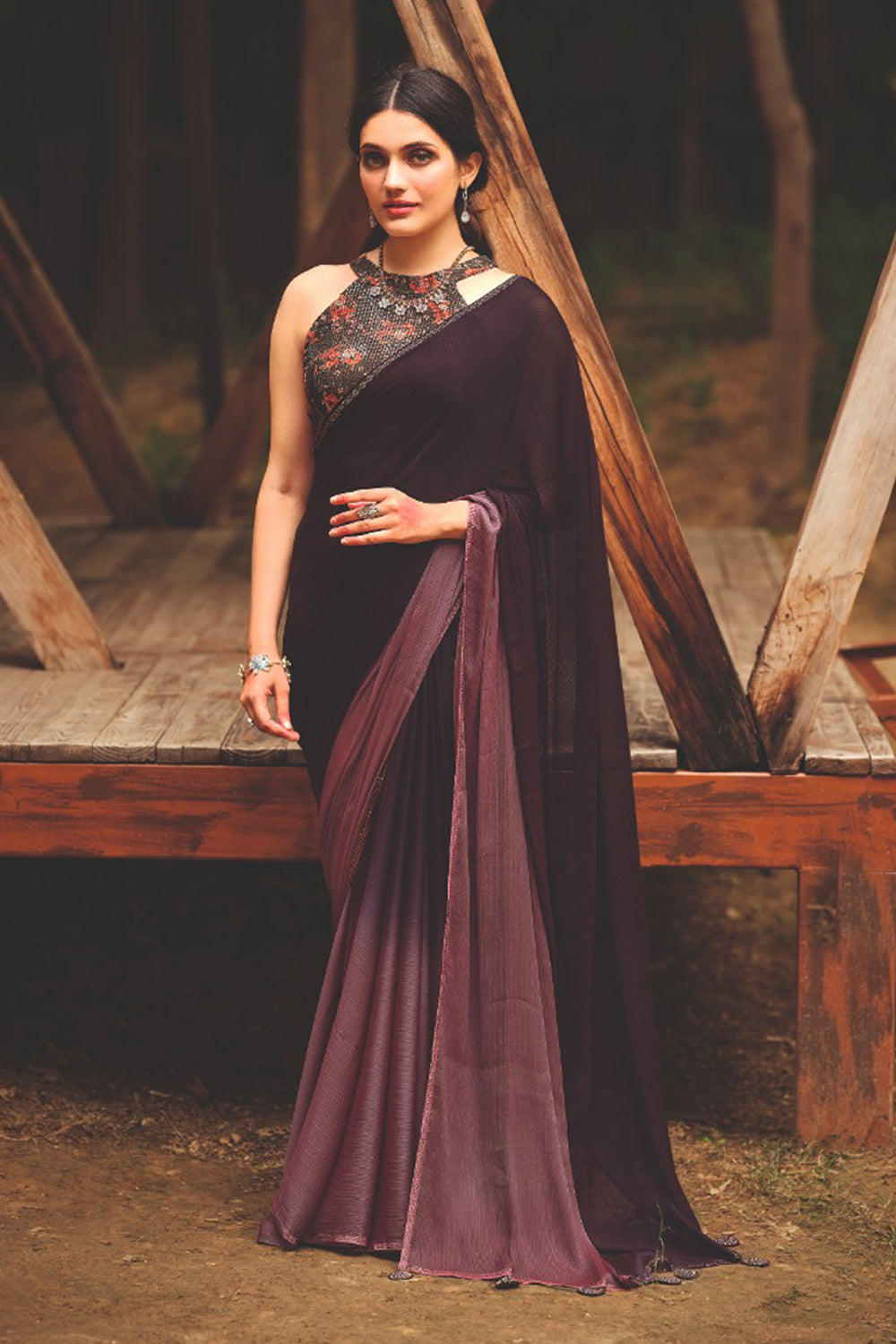 Wine color 3D Chiffon Satin Saree With Sequence Blouse
