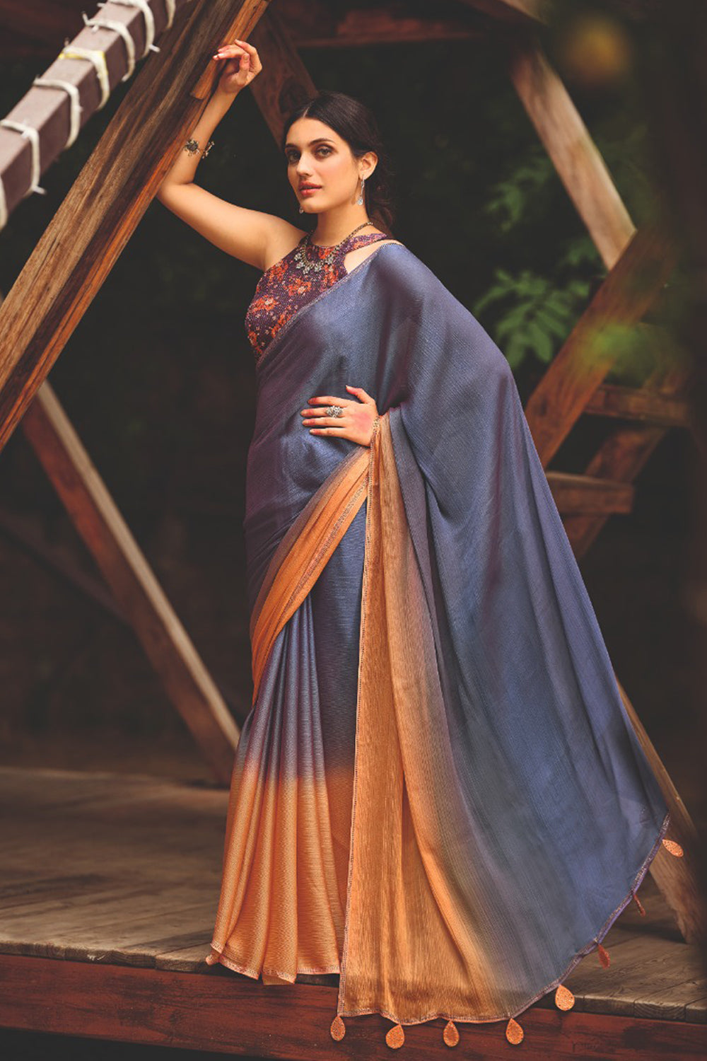 Gray color 3D Chiffon  Saree With Sequence Blouse
