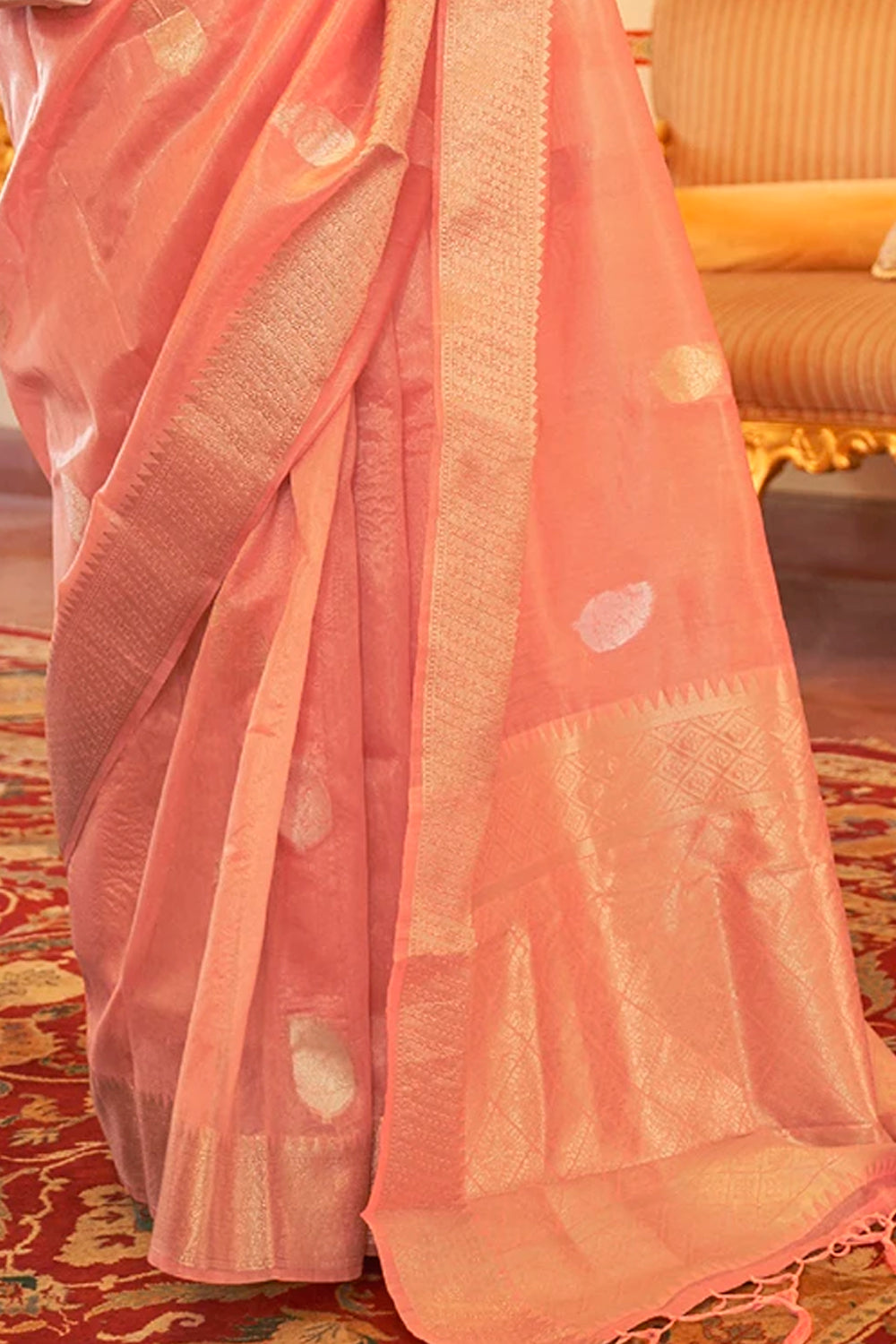 Orange Tissue Silk Zari woven Saree With Blouse