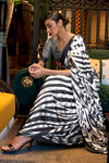 Abstract Print Satin Crepe Trendy Saree in Black and White