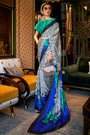 Abstract leopard Print Satin Crepe Trendy Saree in White and Blue