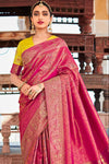 Fiery Rose Designer Kanjivaram Silk Saree With Embroidered Blouse