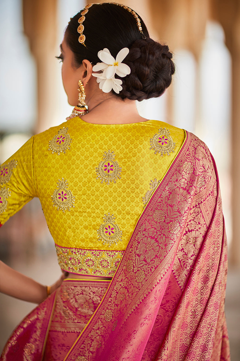 Fiery Rose Kanjivaram Silk Saree With Embroidered Blouse
