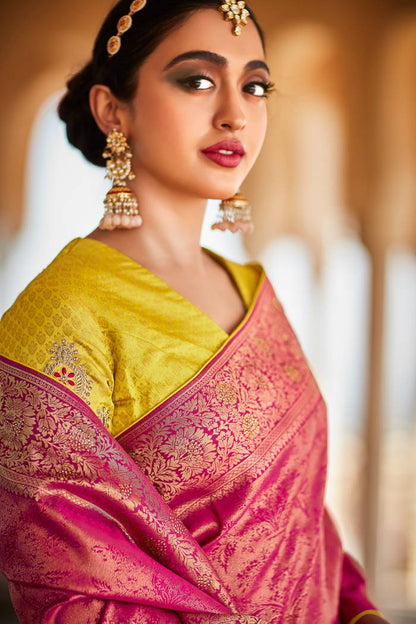 Fiery Rose Kanjivaram Silk Saree With Embroidered Blouse