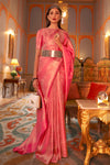 Watermelon Pink Golden Zari Shine Soft Kanjivaram Silk Wedding Saree