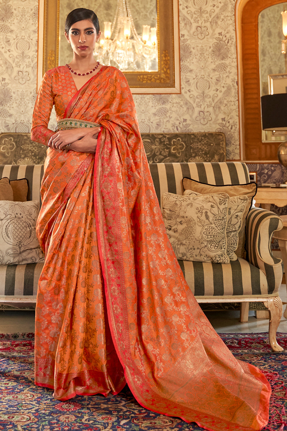 Orange Tessar Silk Weaving Saree