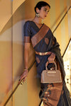 Aegean Blue Tussar Silk Copper Zari Weaving Saree