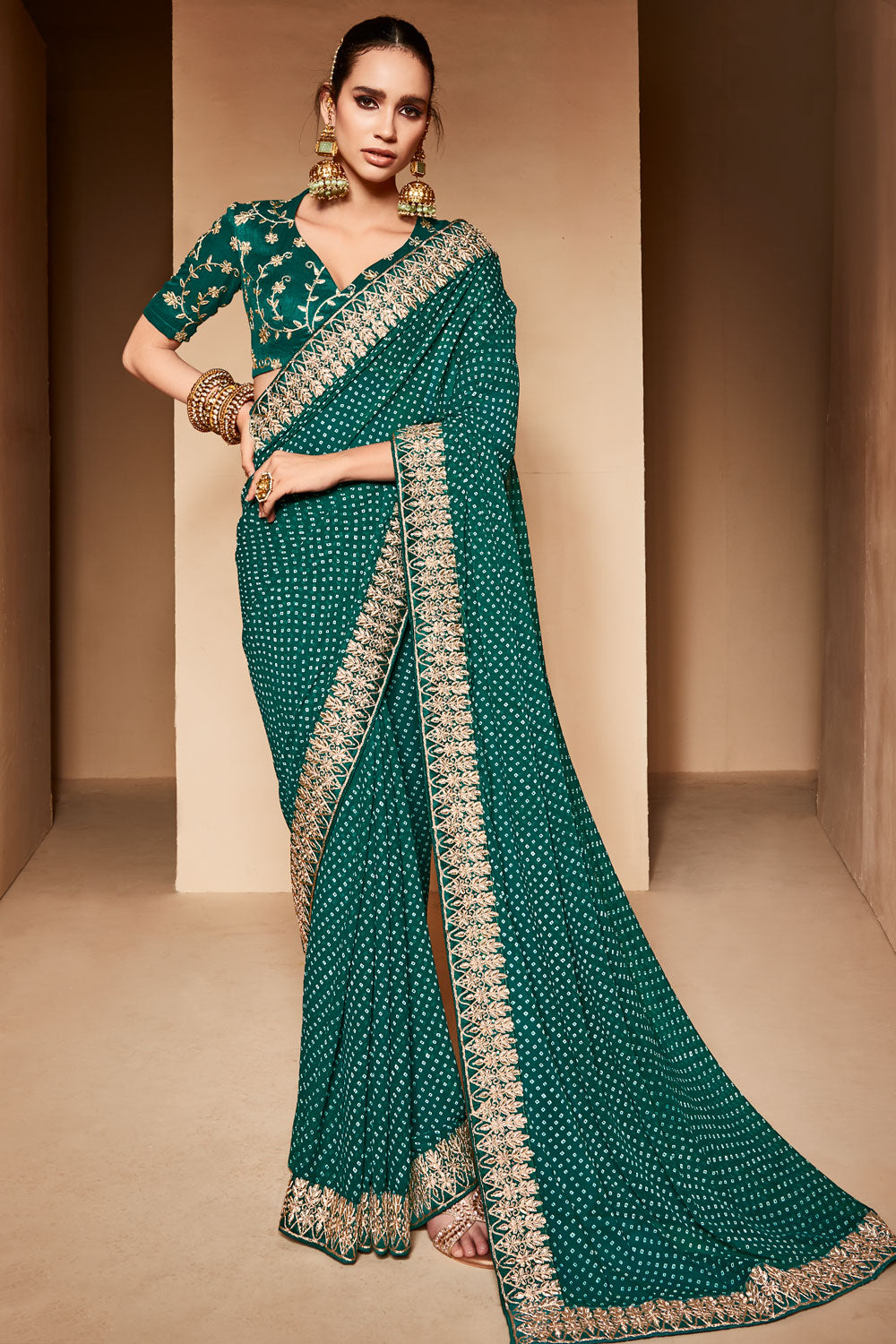 Pine Green Bandhani Saree With Embroidery Lace Border