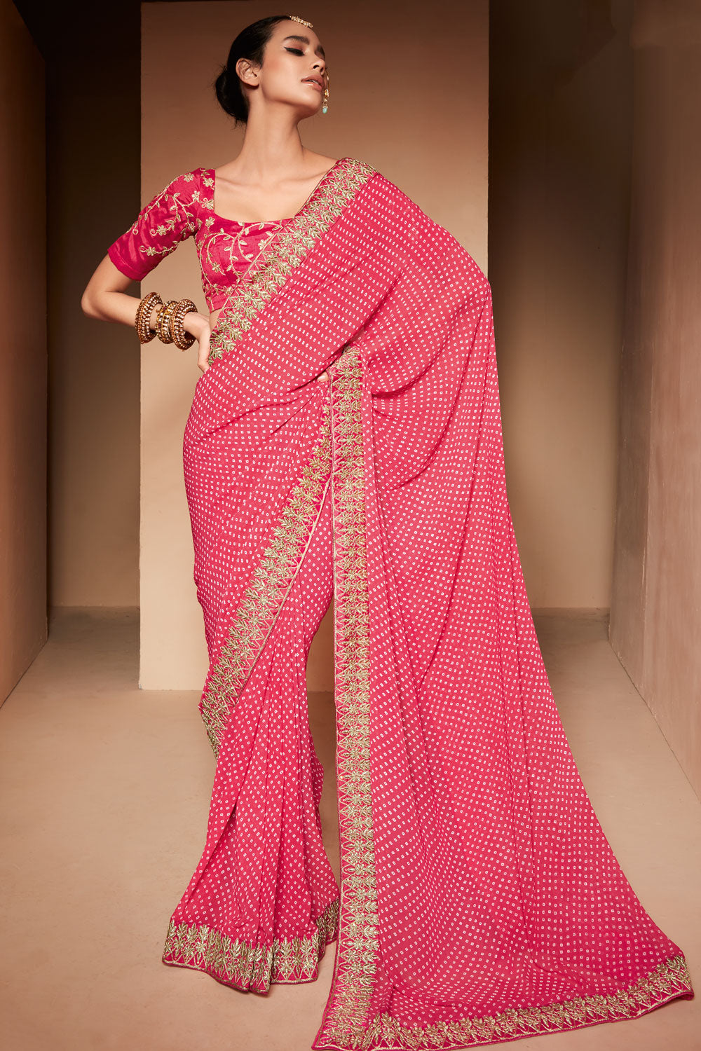 Punch Pink Bandhani Georgette Saree With Embroidery Lace Border