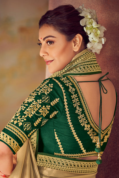 Beige Banarasi Silk Embroidered Saree With Green Blouse