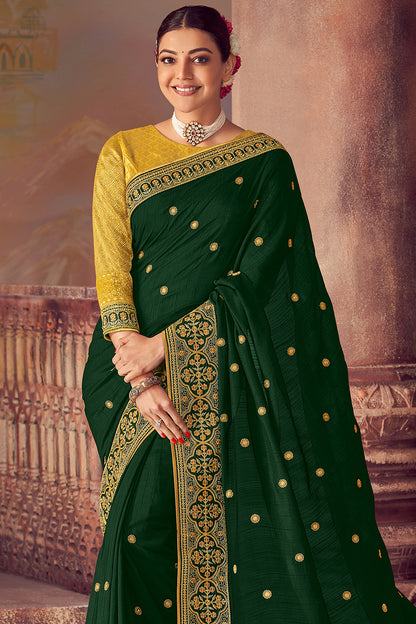 Dark Green Banarasi Silk Embroidered Saree With Yellow Blouse