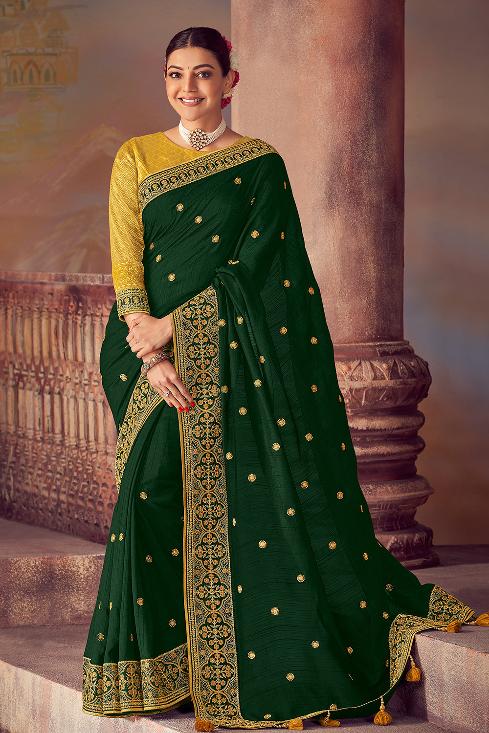 Dark Green Banarasi Silk Embroidered Saree With Yellow Blouse