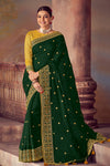 Dark Green Silk Embroidered Saree with yellow Blouse