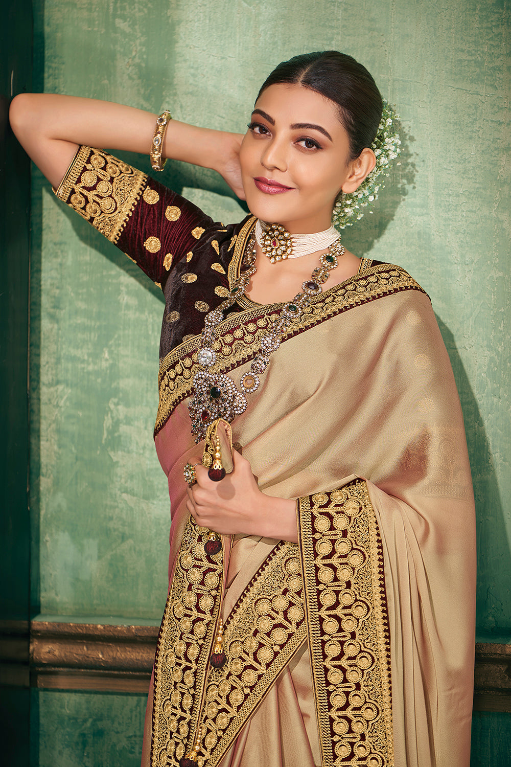 Cream Banarsi Silk Saree With Embroidered Work