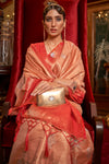 Peach Zari Base Handloom Weaving Saree