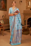 Ice Blue Copper Zari Handloom Weaving Silk Saree