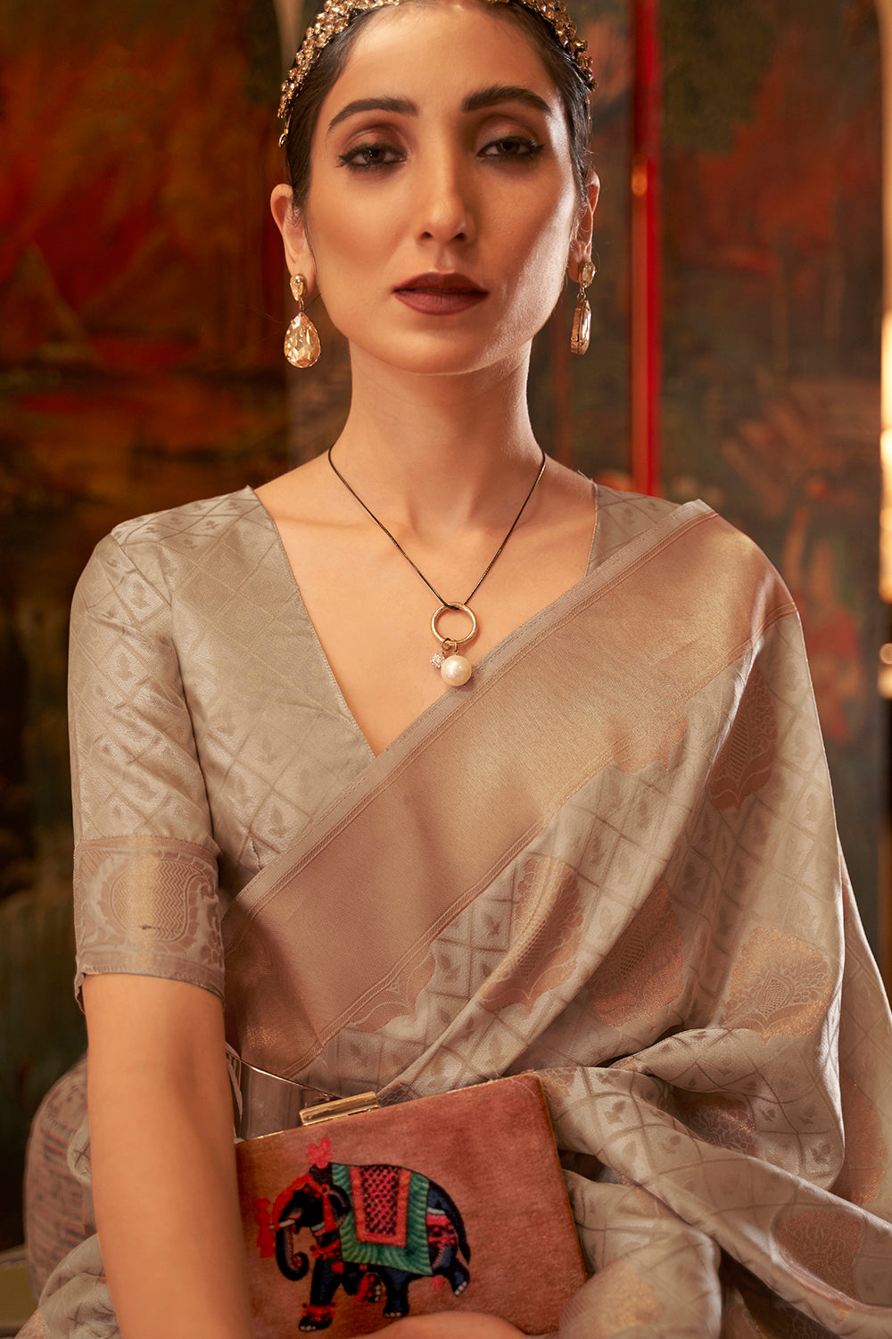 Sandstone Cream Copper Zari Handloom Weaving Silk Saree