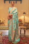 Seaflower Green Copper Zari Handloom Weaving Silk Saree