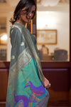 Gray Color Modal Handloom Weaving Silk with Gotta lace border