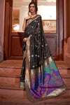 Black Color Handloom Weaving Silk with Gotta lace border